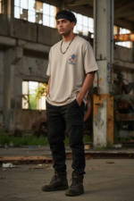 Men’s Oversized New York Skateboarding Graphic T-Shirt – Streetwear Back Print Tee (Beige) - Image 3