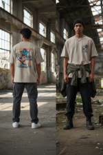 Men’s Oversized New York Skateboarding Graphic T-Shirt – Streetwear Back Print Tee (Beige) - Image 5