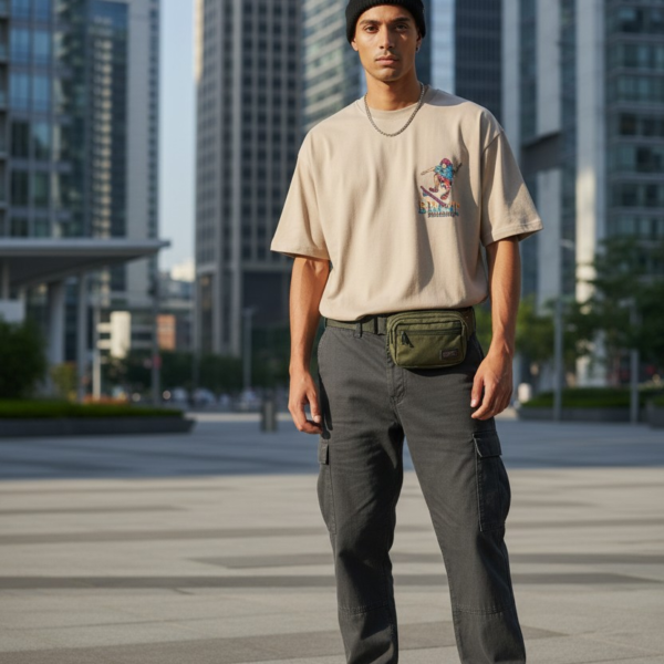 Men’s Oversized New York Skateboarding Graphic T-Shirt – Streetwear Back Print Tee (Beige)