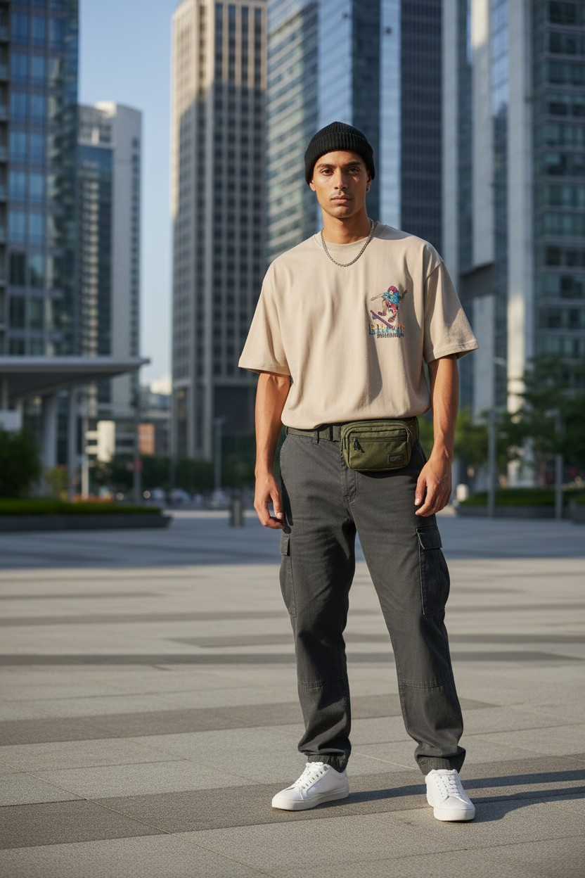 1000178418 Men’s Oversized New York Skateboarding Graphic T-Shirt – Streetwear Back Print Tee (Beige) - Image 1