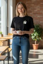 Women’s Black Pocket Graphic Printed T-Shirt